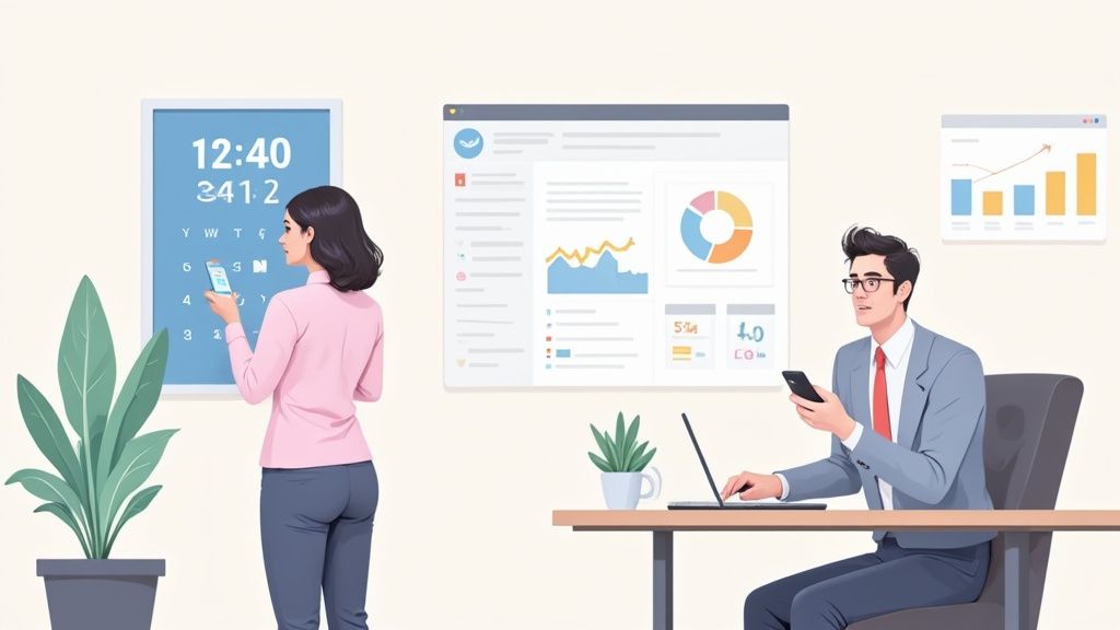 Une femme utilise son téléphone devant une pointeuse, un homme travaille sur son portable dans un bureau.