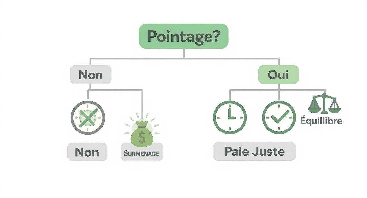 Organigramme expliquant les effets du pointage : l'absence mène au surmenage, le suivi à la paie juste.