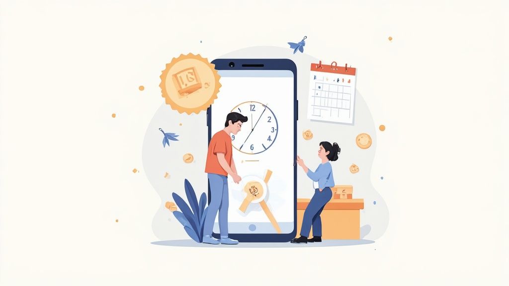 Deux personnes gèrent le temps sur un smartphone géant avec un calendrier et des éléments flottants.