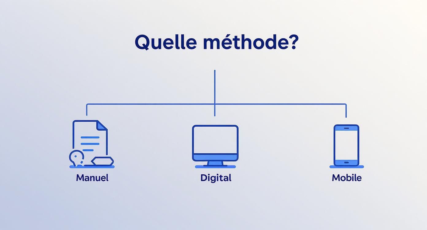 Un schéma demandant "Quelle méthode?" avec trois options: manuelle (document), numérique (ordinateur) et mobile (smartphone).