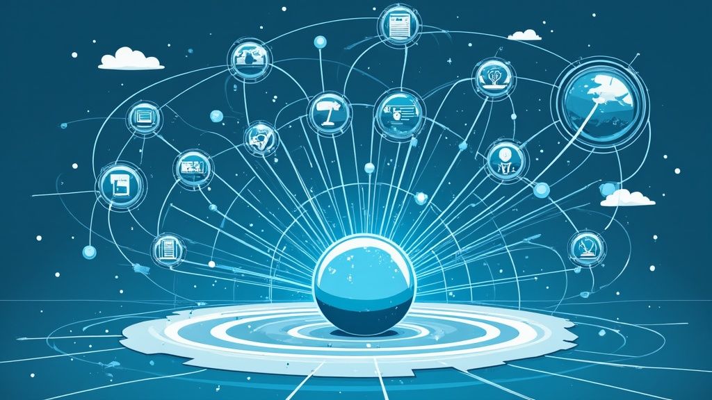 Système numérique centralisé avec une sphère lumineuse reliant divers icônes de données et de réseau.
