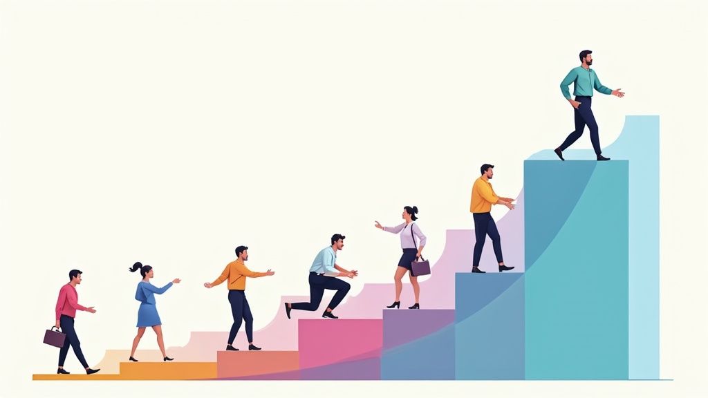 Plusieurs personnes montent des escaliers colorés, symbolisant la progression de carrière et le travail d'équipe.