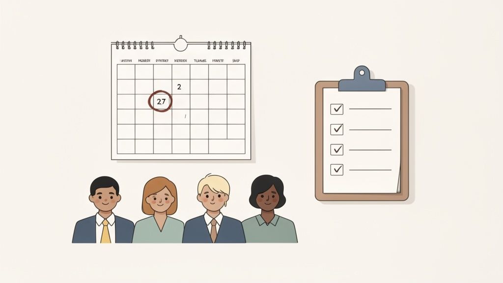Un calendrier avec la date du 27 encerclée, une liste de tâches et quatre personnes d'affaires.