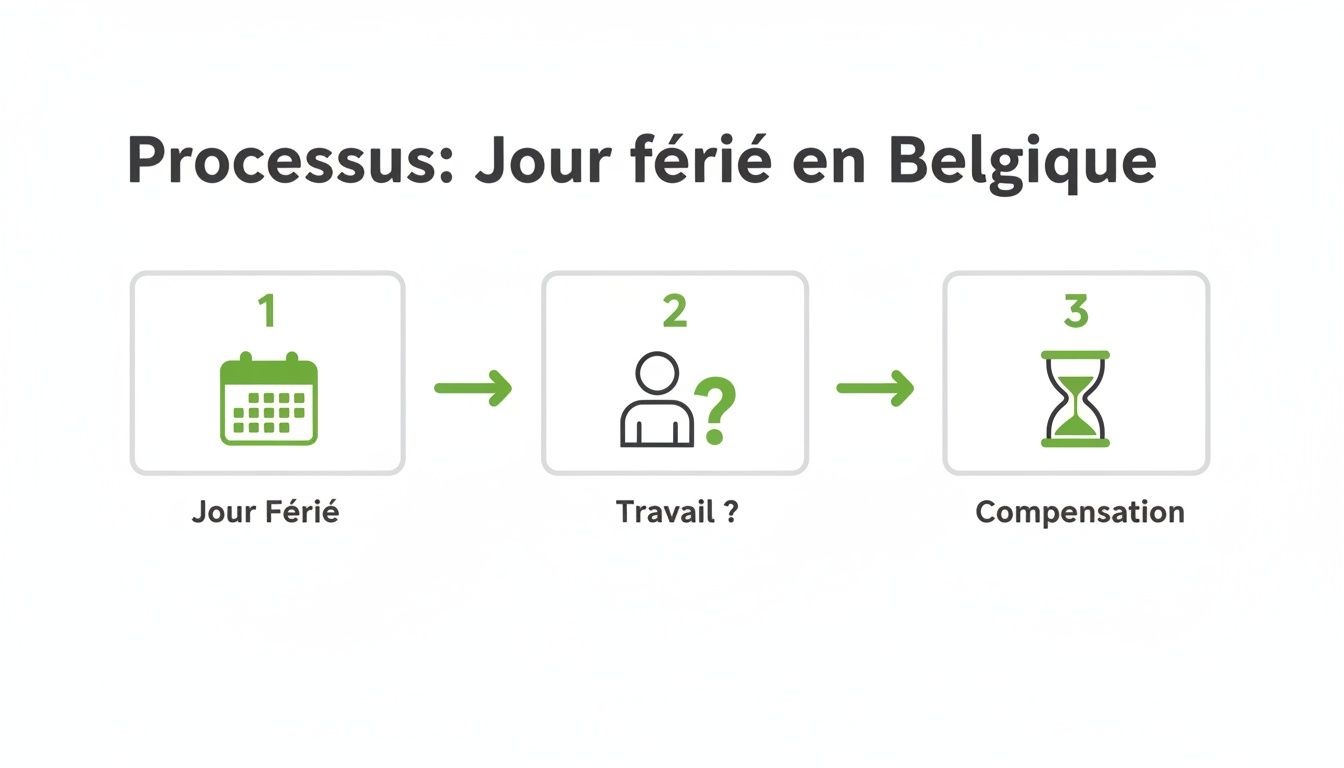 Diagramme du processus en trois étapes pour un jour férié en Belgique : jour férié, travail ou non, et compensation.