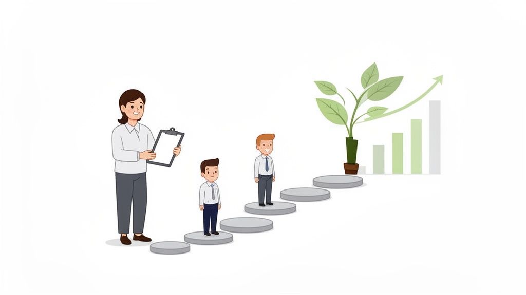 Une femme guide deux hommes sur des marches vers la croissance et le succès représentés par une plante et un graphique ascendant.