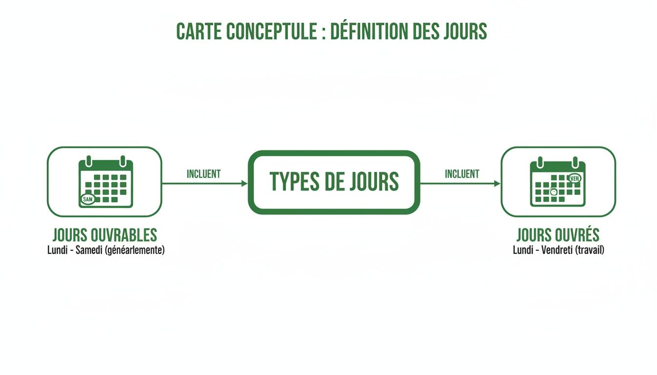 Carte conceptuelle en français définissant les types de jours, distinguant jours ouvrables (lundi-samedi) et jours ouvrés (lundi-vendredi pour le travail).