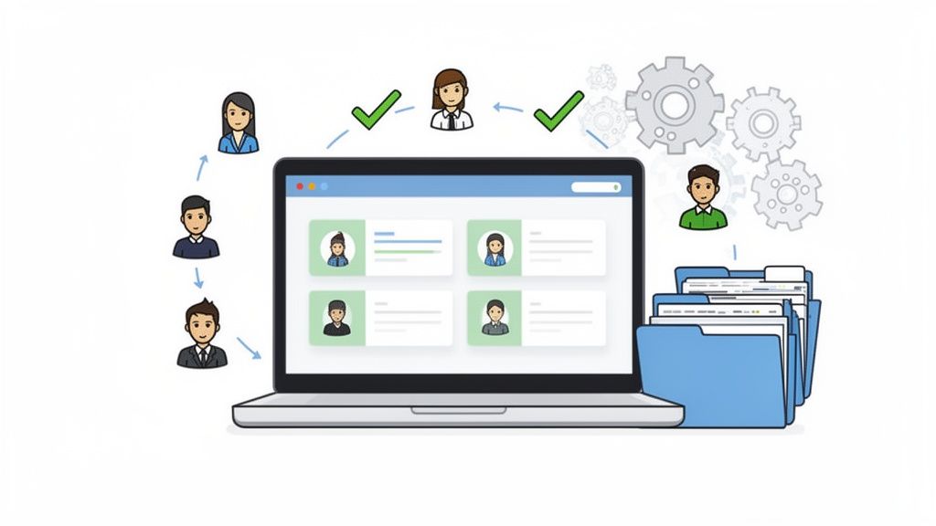 Illustration d'un processus RH ou de gestion des employés avec des profils sur ordinateur, validations et documents numériques.