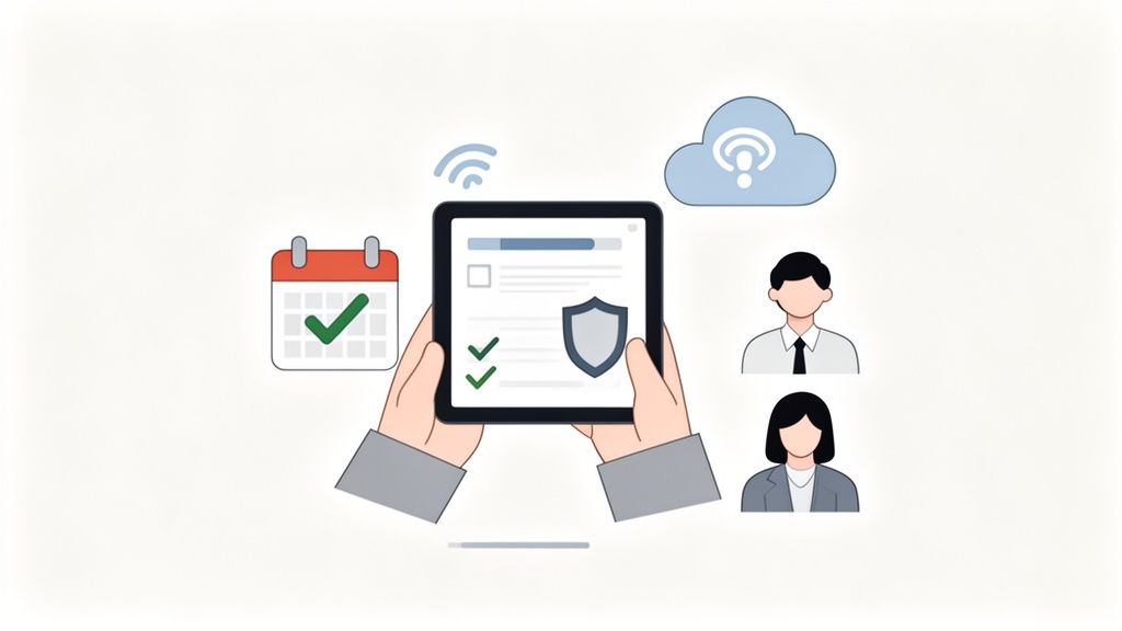 Mains tenant une tablette affichant un document sécurisé, avec calendrier, connectivité et icônes d'utilisateurs.