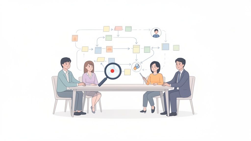 Quatre personnes autour d'une table examinent un diagramme de processus complexe avec une loupe.