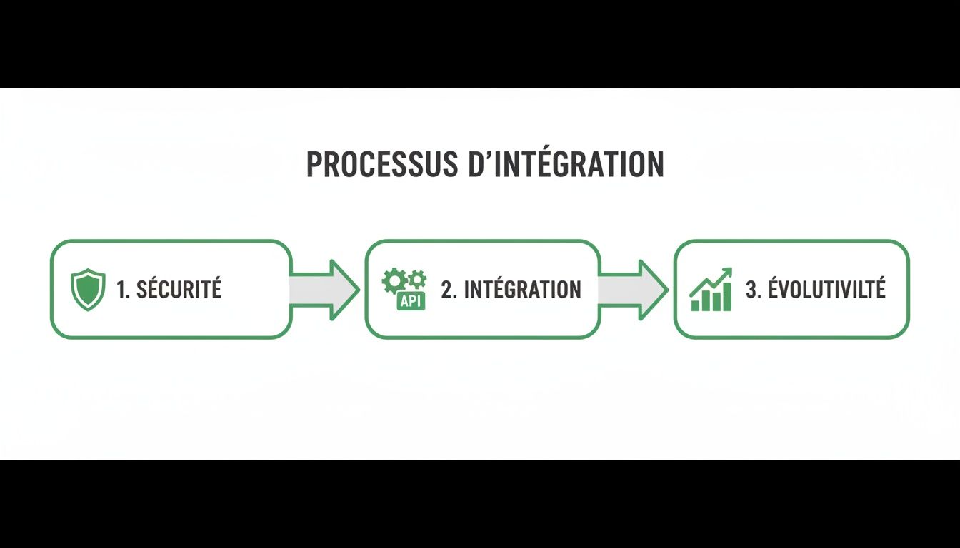 Un diagramme de flux présentant le processus d'intégration en trois étapes : sécurité, intégration (API) et évolutivité.