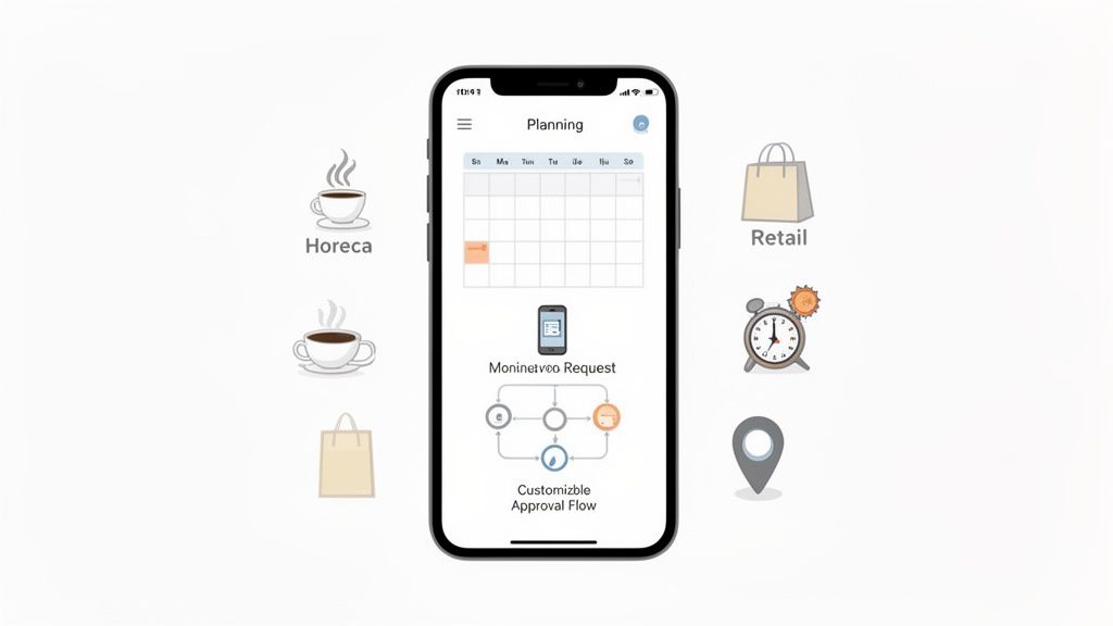 Un smartphone avec une application de planification d'événements et de gestion des flux d'approbation pour Horeca et Retail.