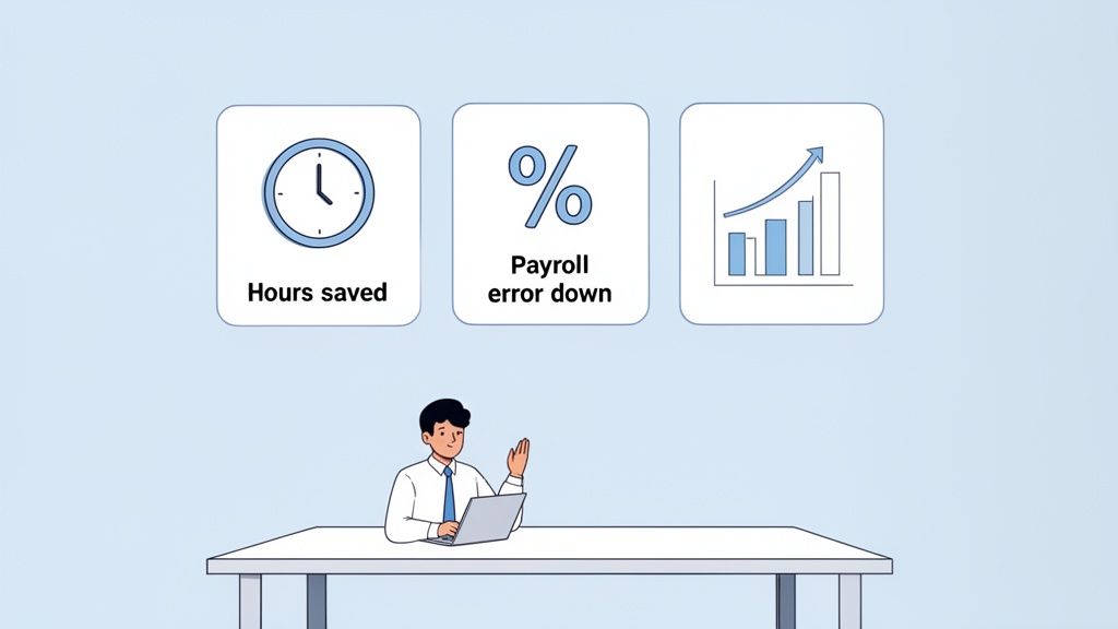 Homme utilisant un ordinateur portable, avec des icônes symbolisant du temps gagné, moins d'erreurs de paie et une croissance d'entreprise.