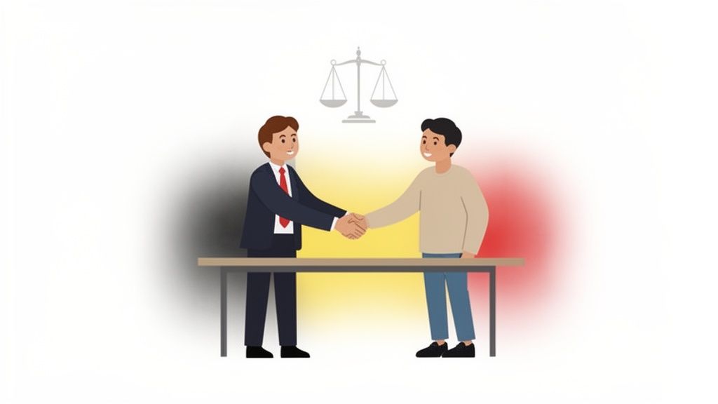 Deux hommes se serrent la main devant une balance de justice, symbolisant un accord légal en Belgique.