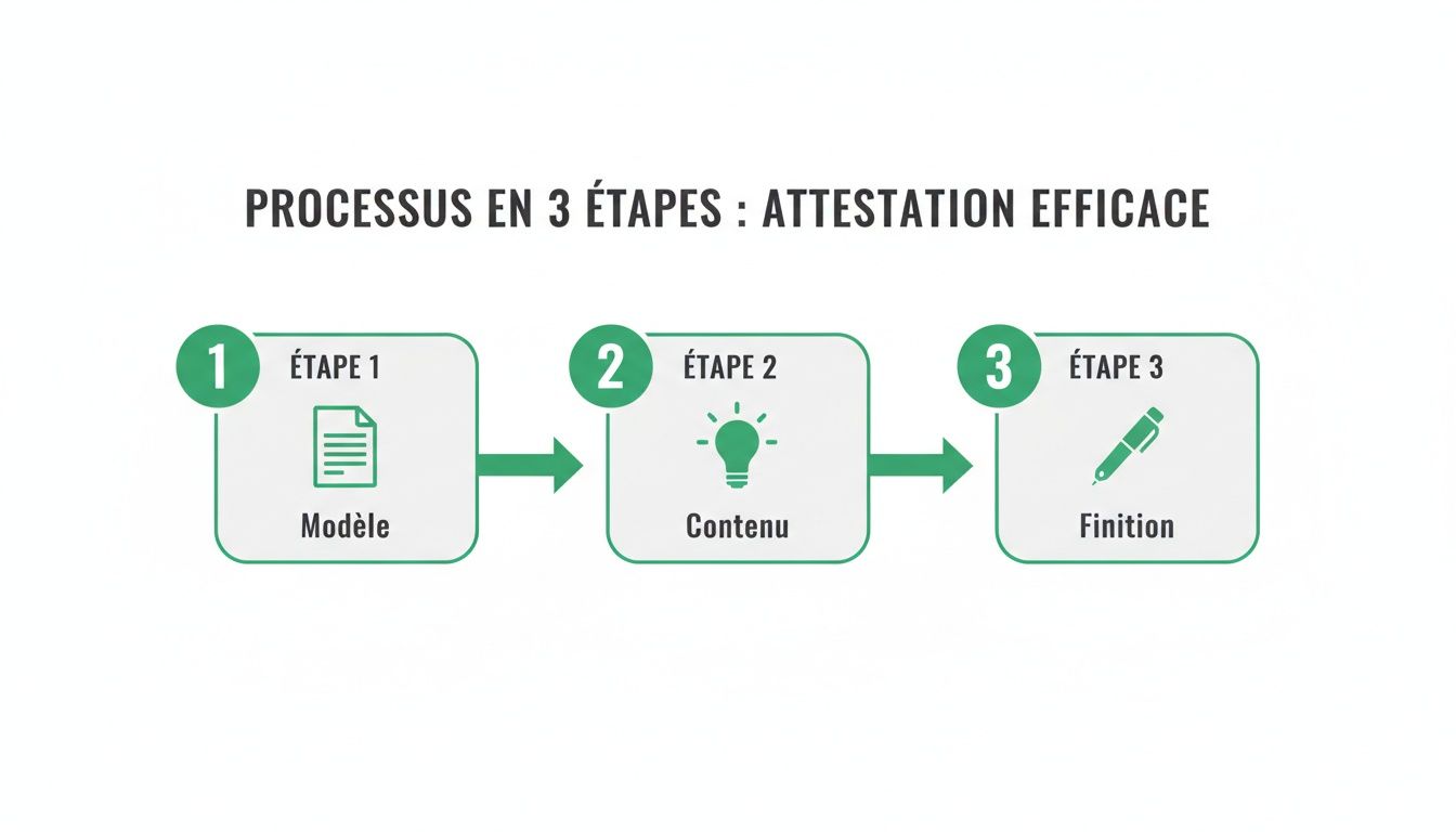 Diagramme illustrant un processus en 3 étapes pour une attestation efficace : modèle, contenu et finition avec des icônes explicatives.