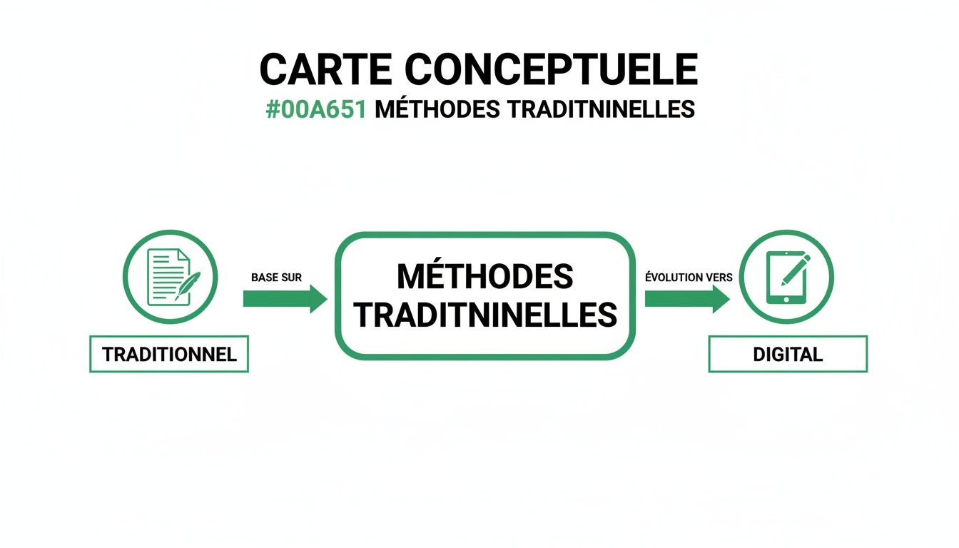 Carte conceptuelle montrant l'évolution des méthodes traditionnelles vers le digital, avec icônes.