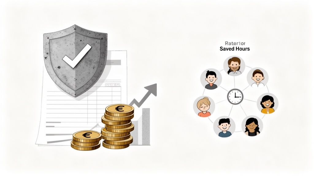 Illustration montrant sécurité financière, croissance des euros, horloge et personnes représentant le temps gagné.