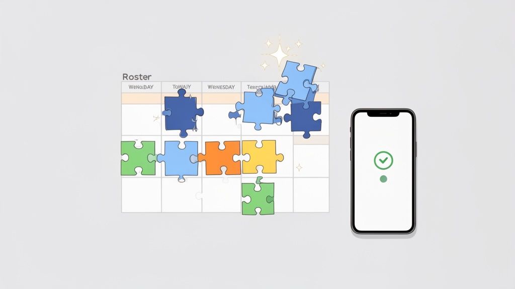Calendrier de gestion des plannings avec des pièces de puzzle colorées et un smartphone, symbolisant l'organisation du temps.