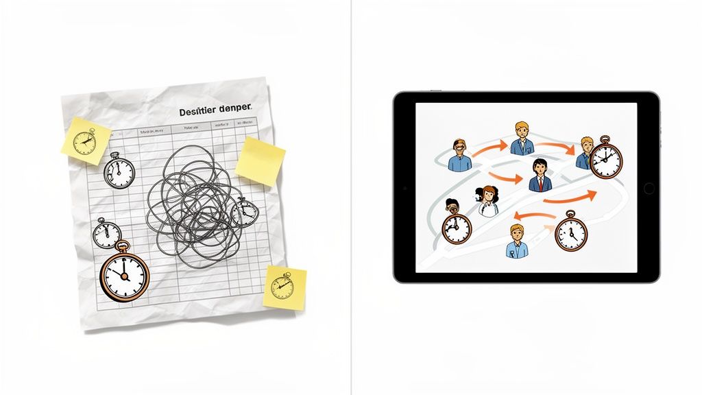 Avant/Après: Un emploi du temps brouillon sur papier comparé à une gestion numérique organisée.