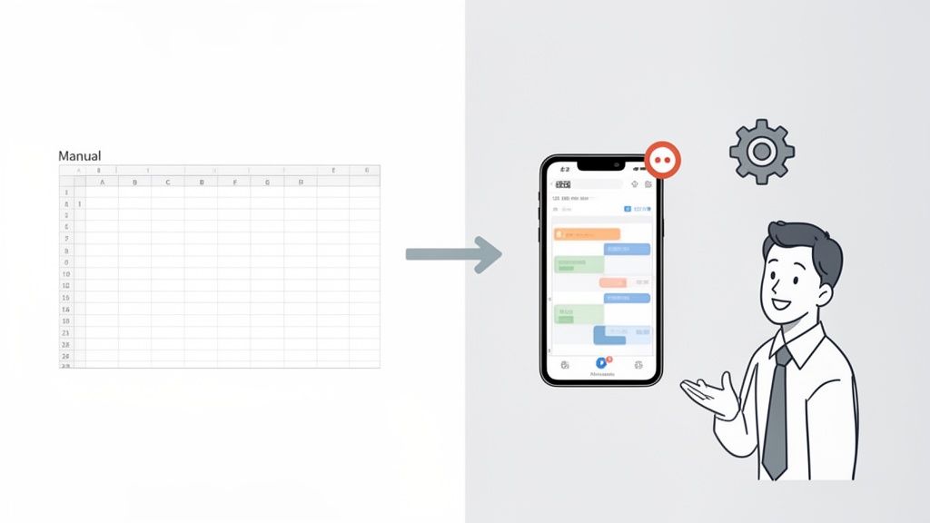 Passage de la gestion manuelle sur tableur à une solution automatisée sur smartphone, avec un homme souriant.