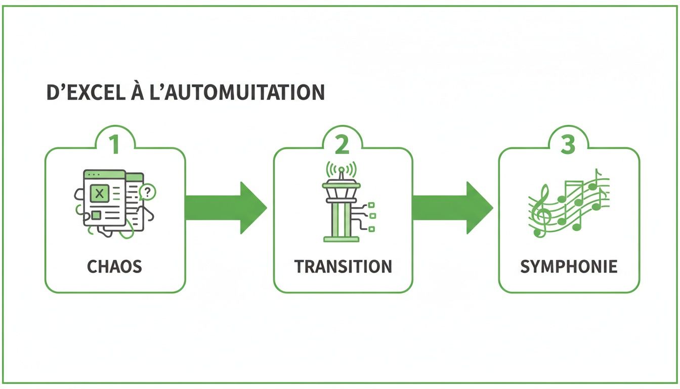 Diagramme illustrant la transition du chaos des fichiers Excel vers une automatisation organisée et harmonieuse.
