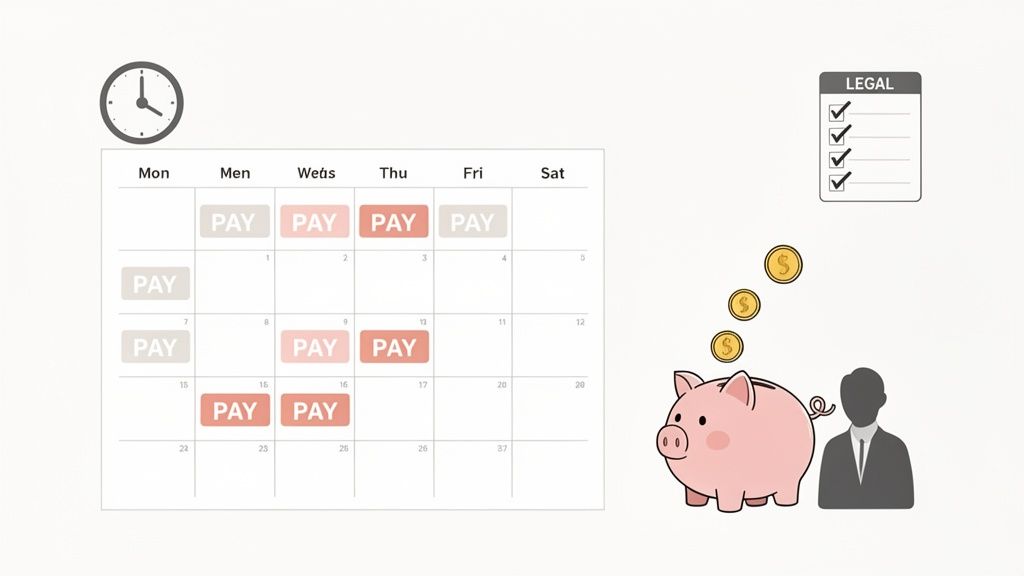 Image illustrant un calendrier de paiements, une horloge, des exigences légales et une tirelire pour l'épargne.