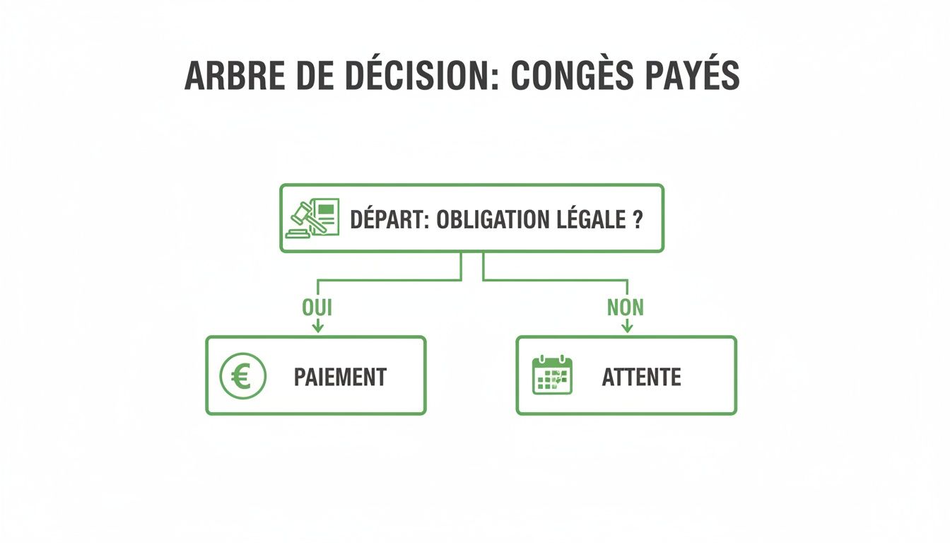 Diagramme d'arbre de décision illustrant la gestion des congés payés. Il pose la question d'une obligation légale de départ, menant au paiement ou à l'attente.