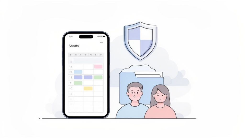 Illustration d'un smartphone avec calendrier, un bouclier de sécurité, un dossier et deux personnes, symbolisant la protection des données.