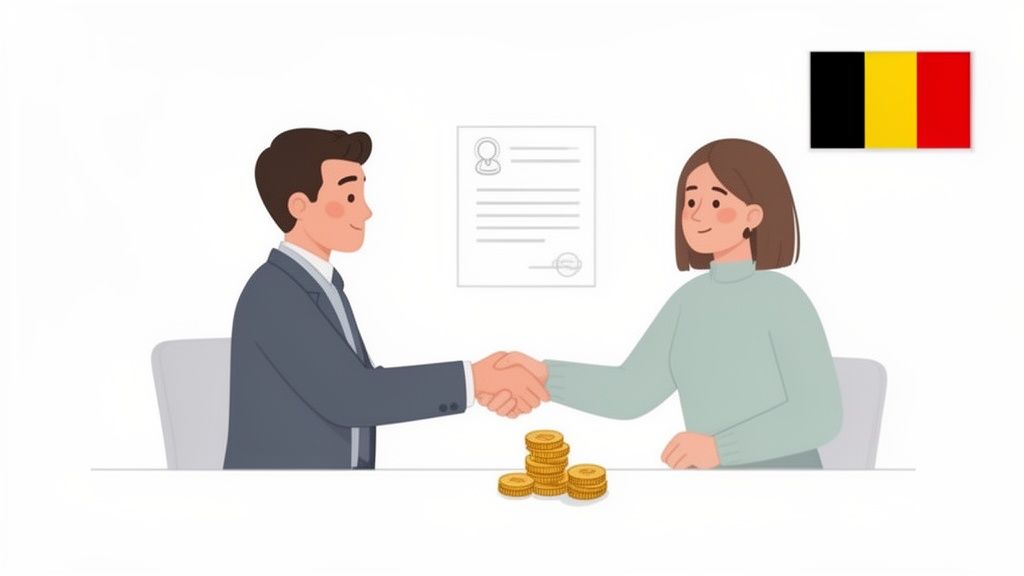 Un homme et une femme se serrent la main, avec un contrat, de l'argent et le drapeau belge.