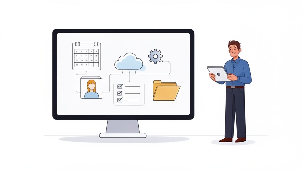 Un homme avec une tablette devant un écran affichant calendrier, profil utilisateur, cloud, checklist et dossier, symbolisant la gestion de données numériques.