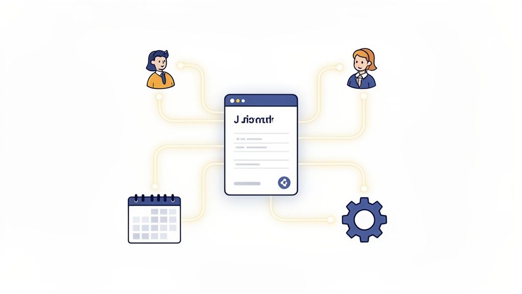 Une illustration montrant un document central connecté à deux utilisateurs, un calendrier et un engrenage, symbolisant un processus.