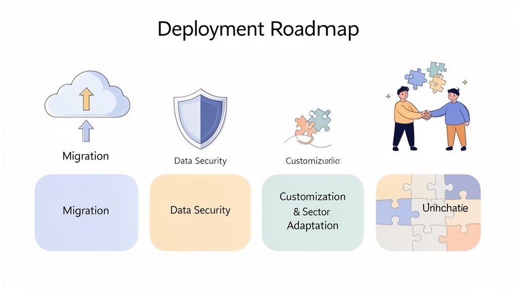 Illustration d'une feuille de route de déploiement en quatre étapes : migration, sécurité des données, personnalisation et collaboration.