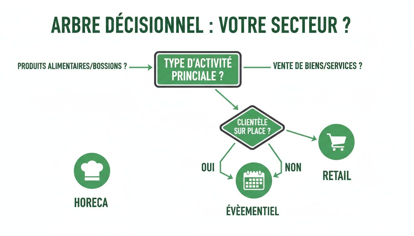 Arbre décisionnel illustrant les types d'activités (HORECA, Évènementiel, Retail) selon la clientèle et le produit.