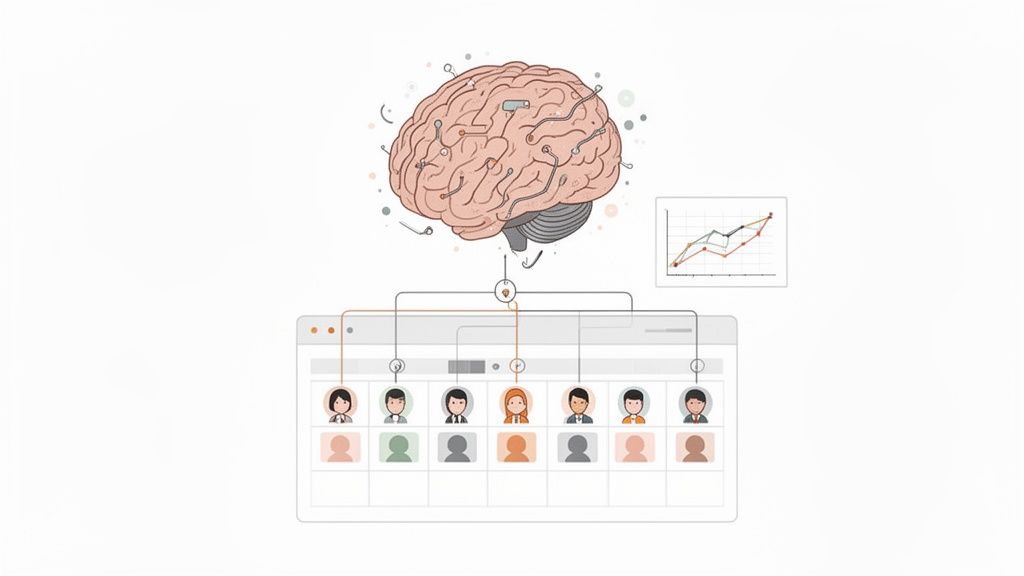 Un cerveau humain stylisé avec des fils se connecte à une interface logicielle affichant des profils utilisateur et des graphiques de données.