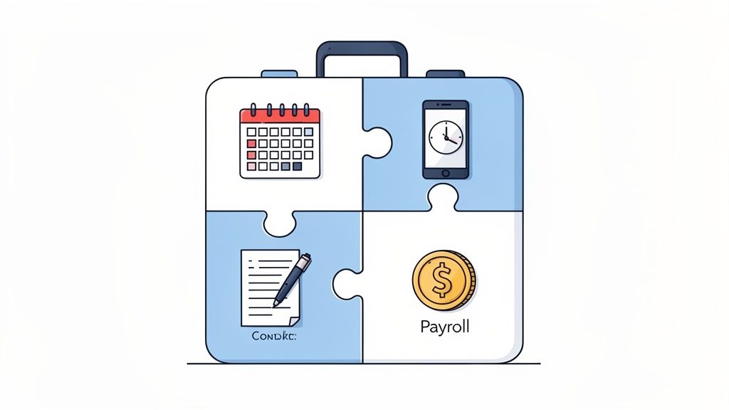 Mallette en forme de puzzle représentant la gestion des ressources humaines : calendrier, smartphone, contrat, paie.