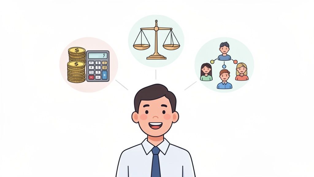 Un homme sourit, réfléchissant à la finance, la justice et aux relations interpersonnelles au travail.