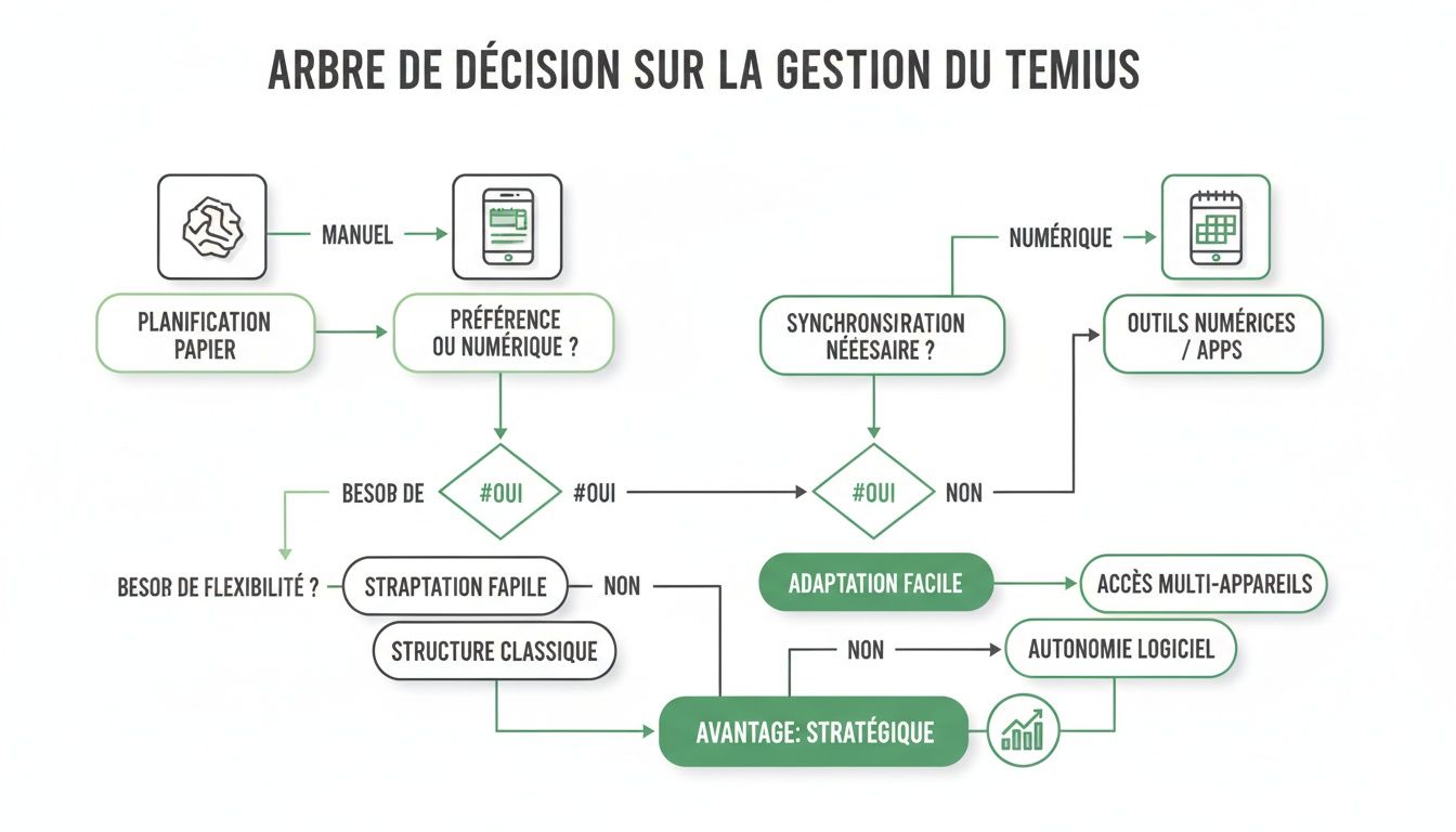 Diagramme d'arbre de décision pour la gestion du Temius, comparant la planification papier et les solutions numériques.