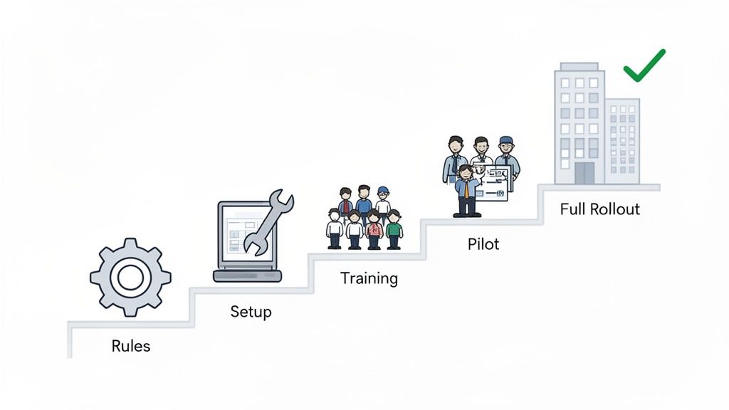 Un diagramme de processus montrant les étapes de mise en œuvre : Règles, Configuration, Formation, Pilote et Déploiement Complet.