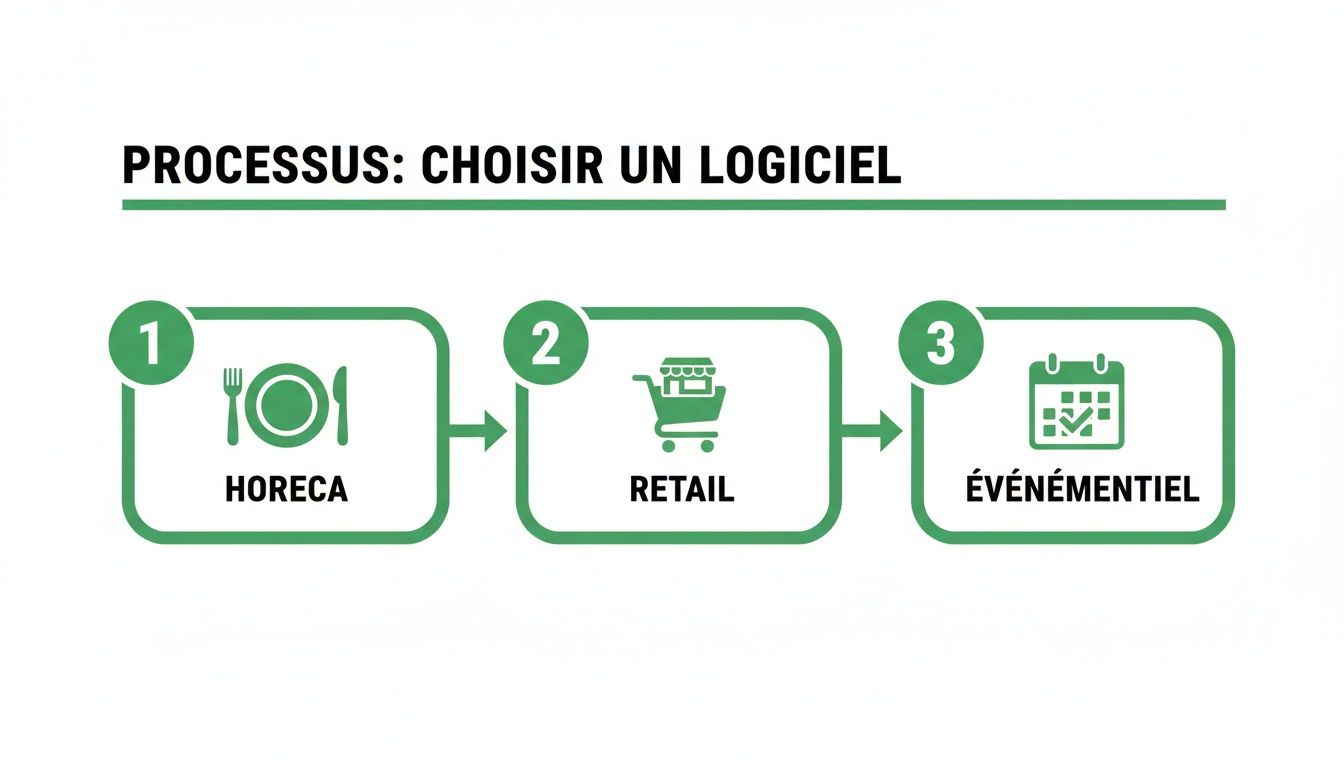 Diagramme illustrant le processus de choix d'un logiciel par secteur : Horeca, Retail et Événementiel.