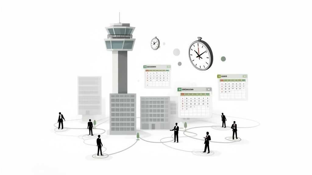 Une tour de contrôle, des bâtiments, des horloges, des calendriers et des hommes d'affaires connectés, illustrant la gestion du temps et du travail.