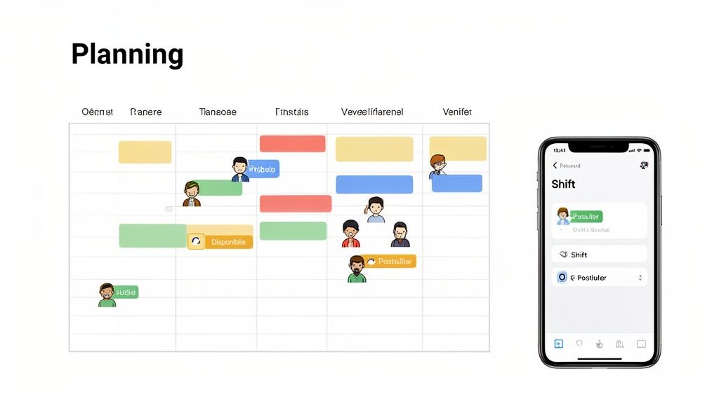 Un tableau de planification avec des personnages affectés à des tâches et une application mobile de gestion des quarts de travail.