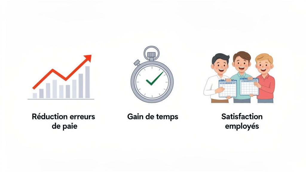 Graphique de croissance, chronomètre avec coche et trois employés souriants tenant des calendriers, illustrant les avantages d'un logiciel.