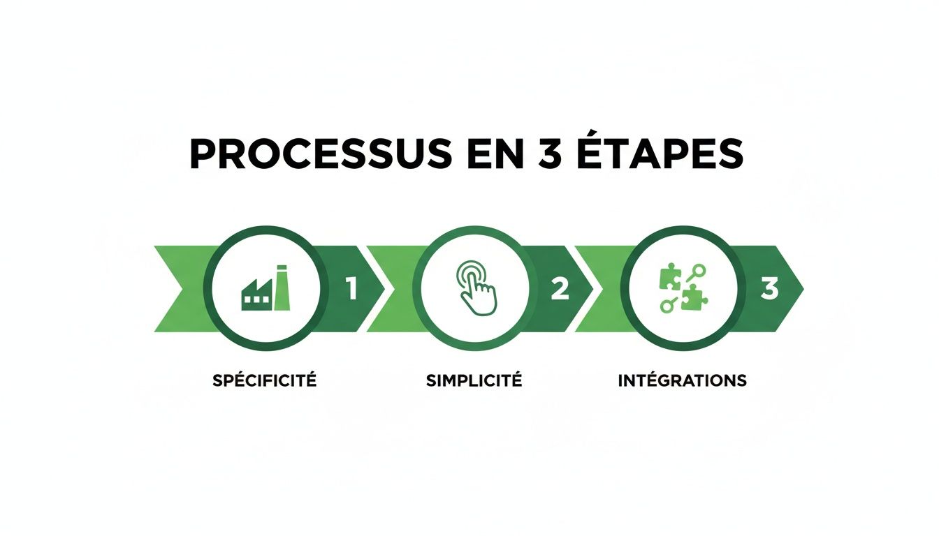 Diagramme d'un processus en 3 étapes: Spécificité, Simplicité et Intégrations, illustré par des icônes et numéros dans une flèche verte.