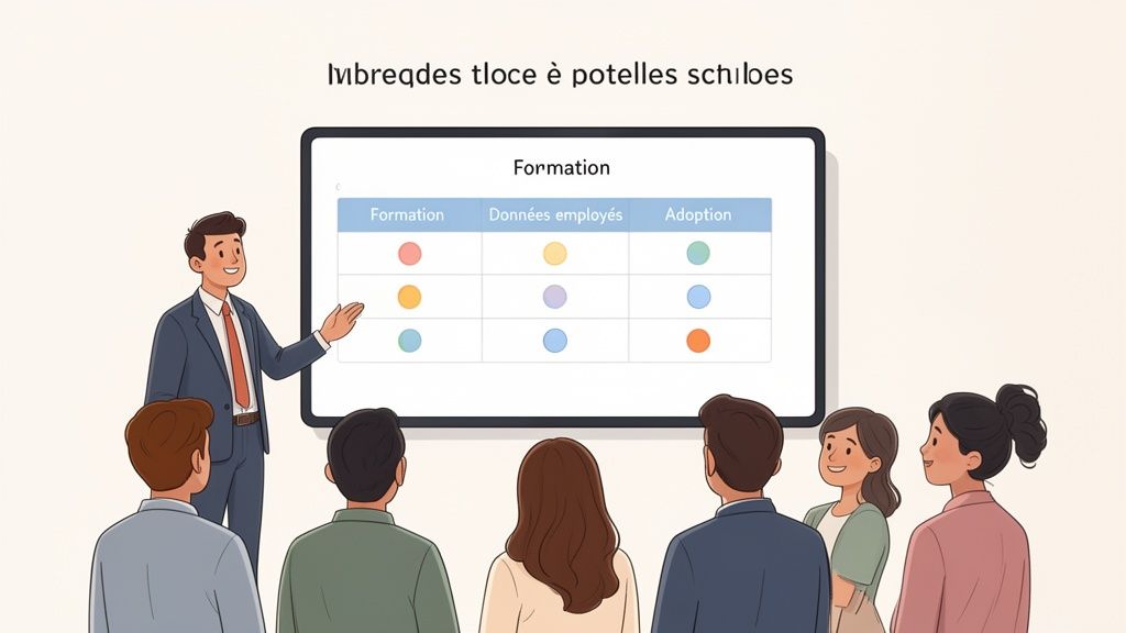 Un homme présente un tableau sur la formation et l'adoption à un public attentif.
