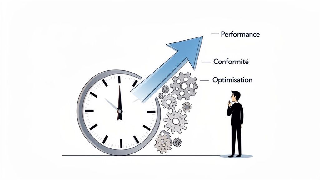 Illustration montrant une horloge, des engrenages, une flèche ascendante et les objectifs de Performance, Conformité, Optimisation.
