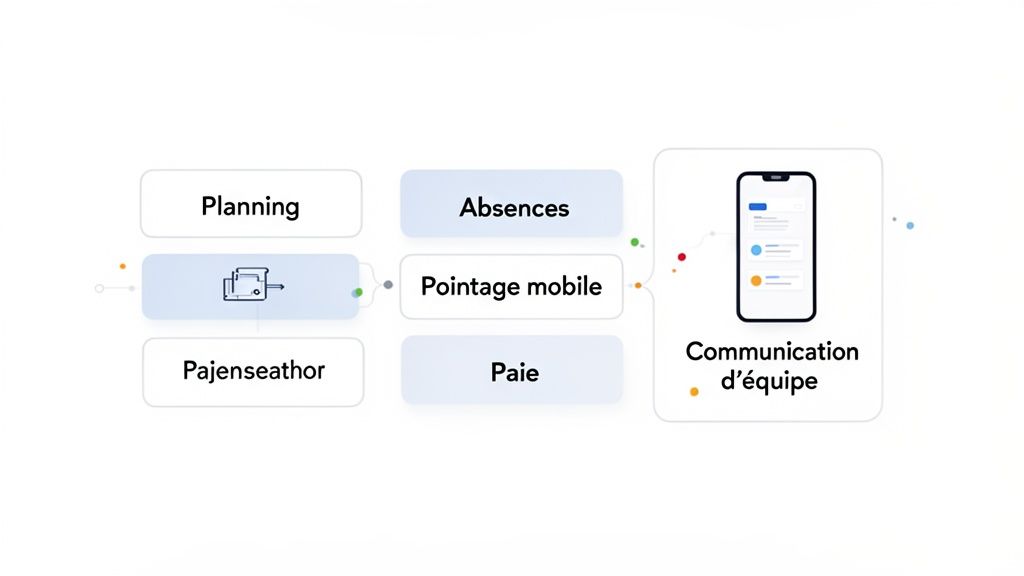 Schéma des fonctionnalités d'un logiciel de gestion du personnel: planning, absences, pointage, paie, communication d'équipe.