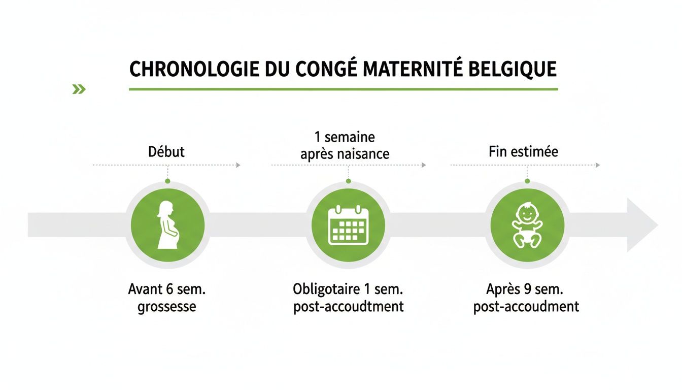 Infographie chronologique du congé maternité en Belgique, du début avant la grossesse à la fin post-accouchement.