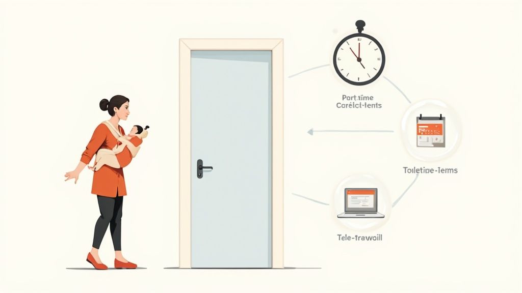 Mère avec bébé devant une porte, symbolisant les options de travail flexible : temps partiel, télétravail, congés.
