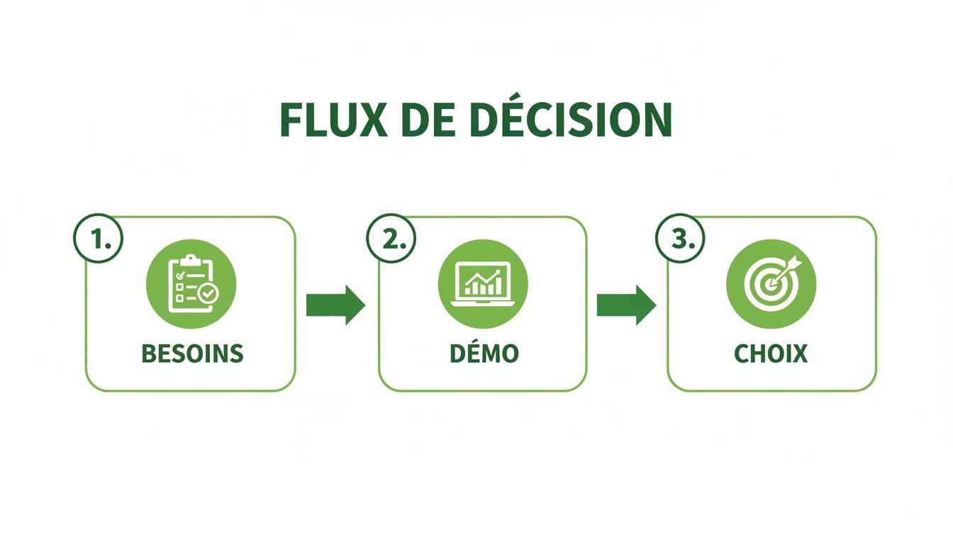 Diagramme illustrant un flux de décision en trois étapes : Besoins, Démo et Choix, avec des icônes explicatives.