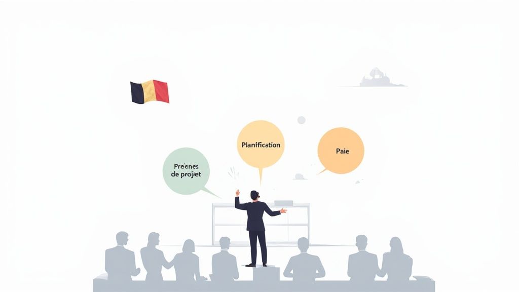 Un présentateur discute de la planification, des pré-études de projet et de la paie devant un public, avec le drapeau belge flottant.