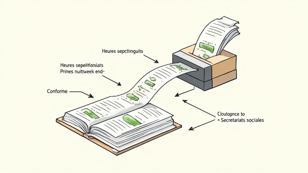 Illustration d'un processus de gestion du temps, où les heures sont imprimées dans un registre ouvert, avec des labels explicatifs.